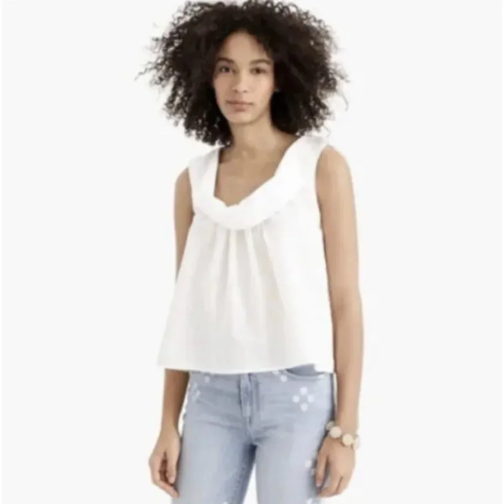 J Crew Tank Top Size Large White Cotton Ruffle Collar Cropped New Flaw - Picture 1 of 12